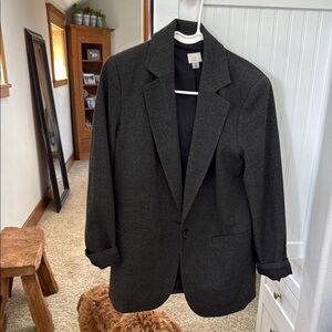 A New Dqy oversized, blazer, black, and gray herringbone.